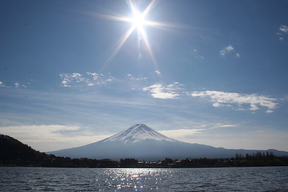 河口湖から望む富士山と湖